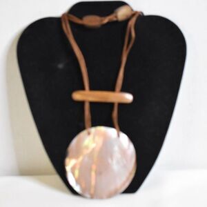 Rare Mother Of Pearl Shell Brown Leather Cord Carved Wood Accent 34+" Necklace